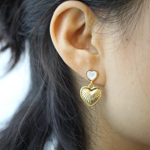 Unique Heart shape silver drop earringsGold Plated silver earrings womenHeart mother of pearl earringwhite gemstone with silver earring - Image 8