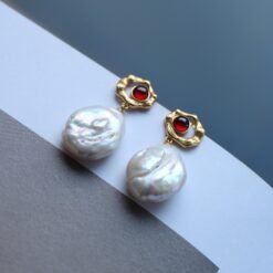 Natural Pearl Drop Earrings With Garnet Silver|Statement Modern Pearl Drop/Art deco Pearl Drop Women|Unique June Birthstone Gift