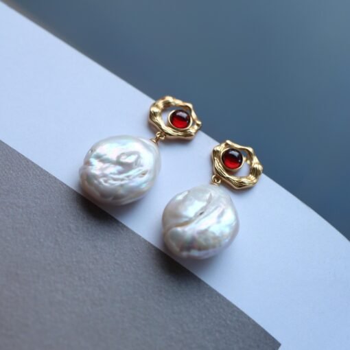 Natural Pearl Drop Earrings With Garnet Silver|Statement Modern Pearl Drop/Art deco Pearl Drop Women|Unique June Birthstone Gift