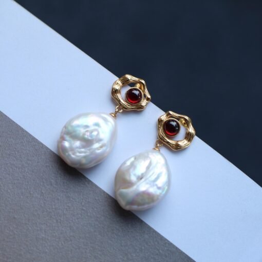 Natural Pearl Drop Earrings With Garnet Silver|Statement Modern Pearl Drop/Art deco Pearl Drop Women|Unique June Birthstone Gift - Image 5