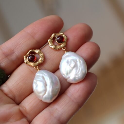 Natural Pearl Drop Earrings With Garnet Silver|Statement Modern Pearl Drop/Art deco Pearl Drop Women|Unique June Birthstone Gift - Image 7