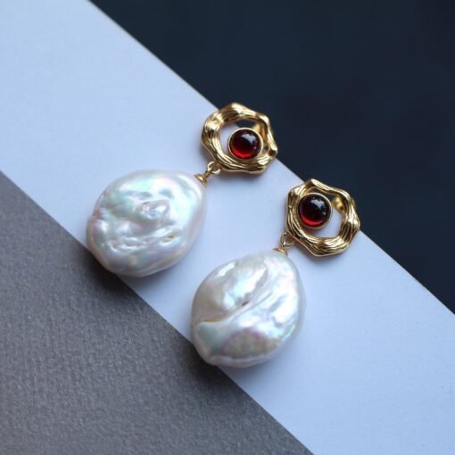 Natural Pearl Drop Earrings With Garnet Silver|Statement Modern Pearl Drop/Art deco Pearl Drop Women|Unique June Birthstone Gift - Image 2