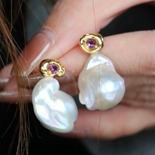 Natural Pearl Drop Earrings With Amethyst Silver|Statement Modern Pearl Drop/Art deco Pearl Drop Women|Unique February Birthstone Gift - Image 6