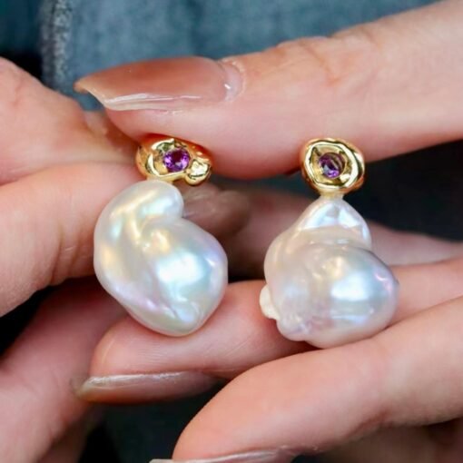Natural Pearl Drop Earrings With Amethyst Silver|Statement Modern Pearl Drop/Art deco Pearl Drop Women|Unique February Birthstone Gift - Image 3