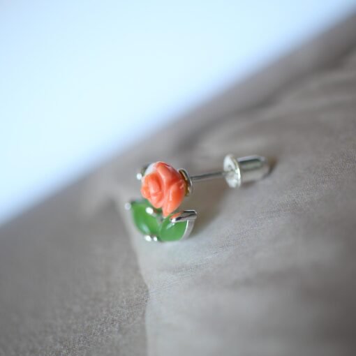 Natural Vivid Green Nephrite with Red Coral Stud Earring Silver|Authentic Dainty Floral Nephrite Jade Earring Women|Unique Red Coral Jewelry - Image 8