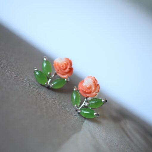 Natural Vivid Green Nephrite with Red Coral Stud Earring Silver|Authentic Dainty Floral Nephrite Jade Earring Women|Unique Red Coral Jewelry - Image 7