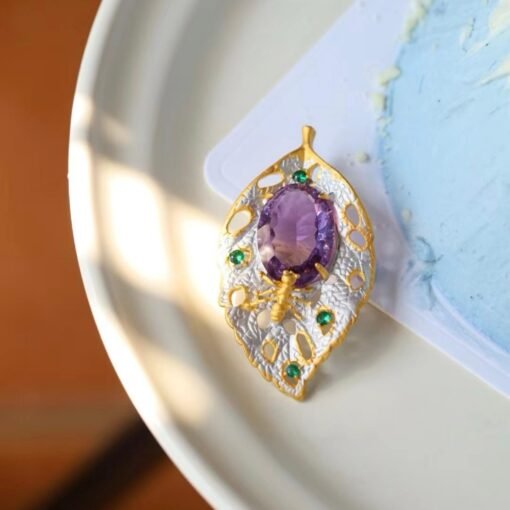Unique Leaf silver brooch with amethyst women/Vintage Amethyst brooch silver|Natural Gemstone brooches|Art deco brooch antique - Image 2