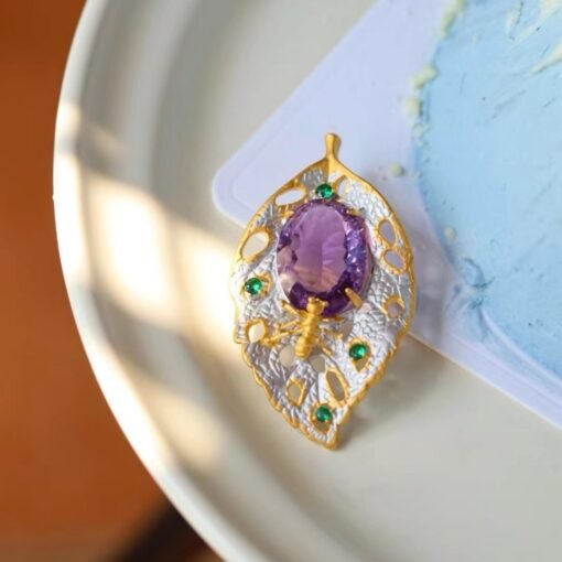 Unique Leaf silver brooch with amethyst women/Vintage Amethyst brooch silver|Natural Gemstone brooches|Art deco brooch antique - Image 7
