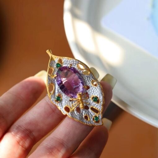 Unique Leaf silver brooch with amethyst women/Vintage Amethyst brooch silver|Natural Gemstone brooches|Art deco brooch antique - Image 3