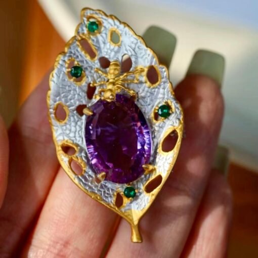 Unique Leaf silver brooch with amethyst women/Vintage Amethyst brooch silver|Natural Gemstone brooches|Art deco brooch antique - Image 8