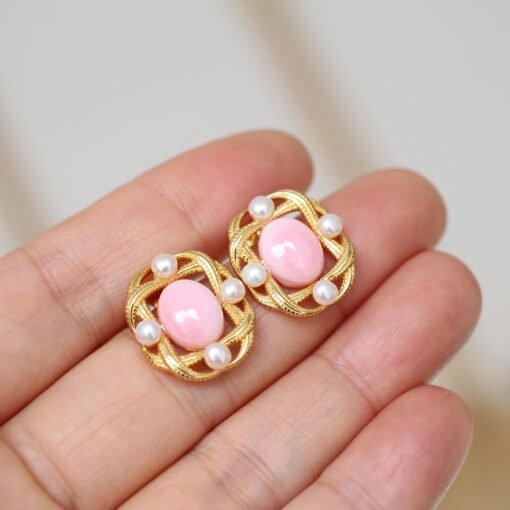 Genuine Pearl stud earring s925 silver|Vintage Pink Gemstone Jewelry|Unique Pearl Earring For Her|Real pearl earring|Bezel set Earring women - Image 3