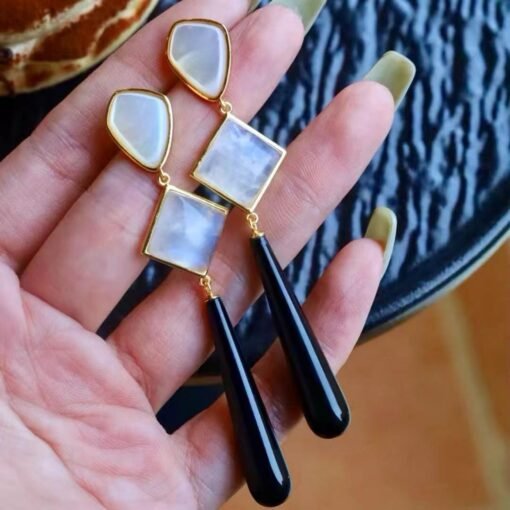 Natural Black Agate Drop Earrings Silver|Unique Black Gemstone Earrings Women|Statement Black Agate Earring|Long Gemstone Earrings For Her - Image 6