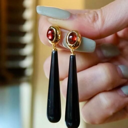 Natural Long Teardrop Black Agate Earrings Silver|Unique Long Pear Black Gemstone Earrings Women|Statement Black Agate with Garnet Earring - Image 2