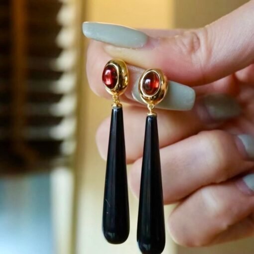 Natural Long Teardrop Black Agate Earrings Silver|Unique Long Pear Black Gemstone Earrings Women|Statement Black Agate with Garnet Earring - Image 7