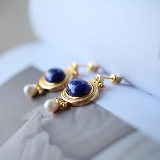 Natural Oval Lapis Lazuli Studs Earring with pearl|Statement lapis lazuli studs silverUnique Vintage September birthstone jewelry earrings - Image 5