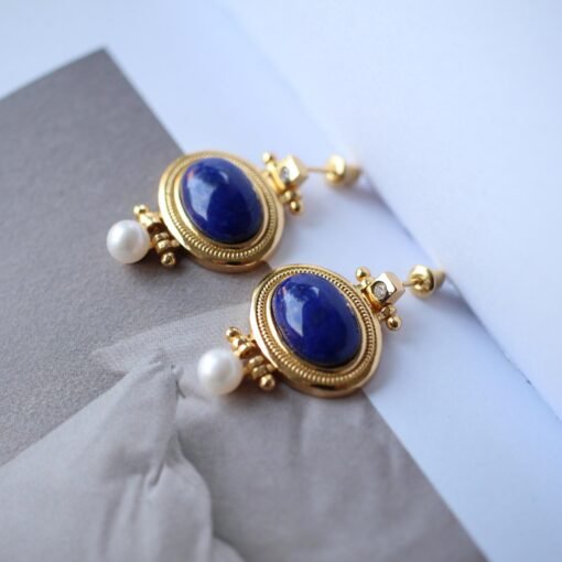 Natural Oval Lapis Lazuli Studs Earring with pearl|Statement lapis lazuli studs silverUnique Vintage September birthstone jewelry earrings - Image 6