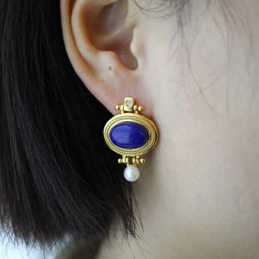 Natural Oval Lapis Lazuli Studs Earring with pearl|Statement lapis lazuli studs silverUnique Vintage September birthstone jewelry earrings - Image 4