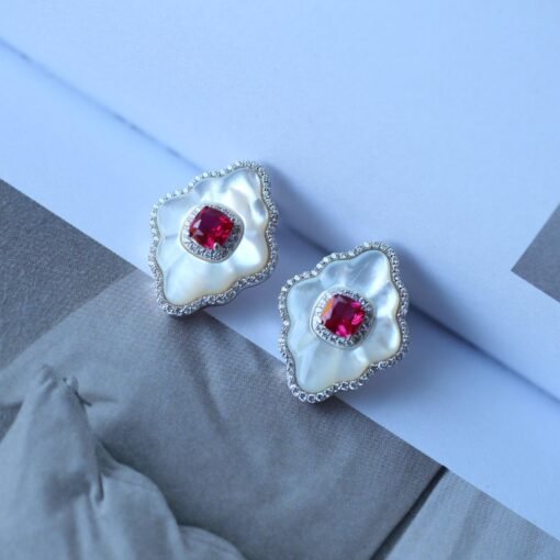 White Mother of Pearl Stud Earring s925 silver|Unique White Gemstone Stud Earrings With Red Zircon|Vintage Art Deco Rhombus Earrings Women - Image 6