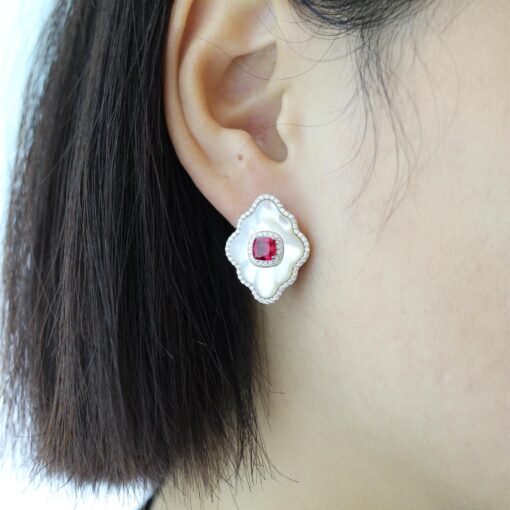 White Mother of Pearl Stud Earring s925 silver|Unique White Gemstone Stud Earrings With Red Zircon|Vintage Art Deco Rhombus Earrings Women - Image 4