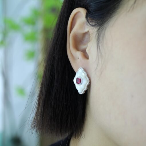 White Mother of Pearl Stud Earring s925 silver|Unique White Gemstone Stud Earrings With Red Zircon|Vintage Art Deco Rhombus Earrings Women - Image 7
