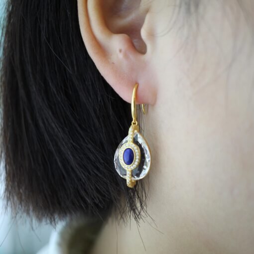 Vintage Lapis Lazuli with White Quartz Drop Earring silver|Natural Art Deco lapis lazuli earringUnique September birthstone jewelry earring - Image 4