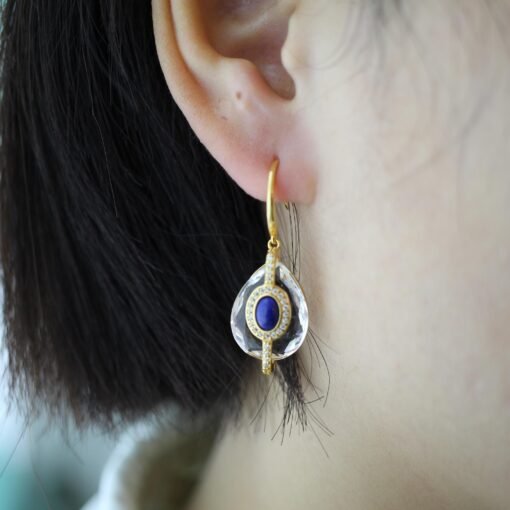 Vintage Lapis Lazuli with White Quartz Drop Earring silver|Natural Art Deco lapis lazuli earringUnique September birthstone jewelry earring - Image 8