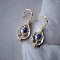 Vintage Lapis Lazuli with White Quartz Drop Earring silver|Natural Art Deco lapis lazuli earringUnique September birthstone jewelry earring