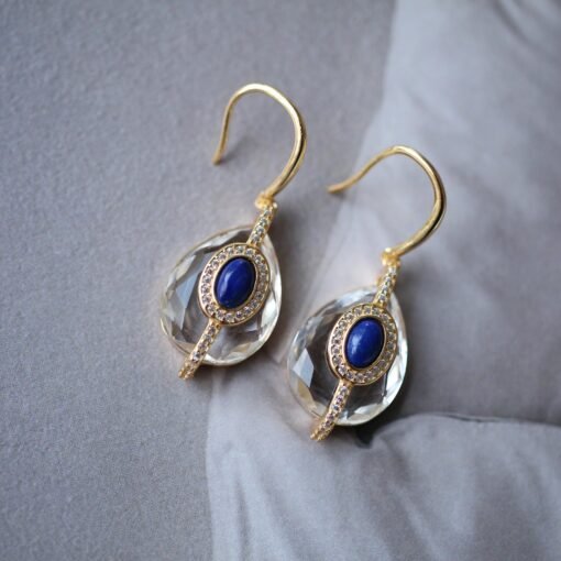 Vintage Lapis Lazuli with White Quartz Drop Earring silver|Natural Art Deco lapis lazuli earringUnique September birthstone jewelry earring