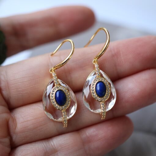 Vintage Lapis Lazuli with White Quartz Drop Earring silver|Natural Art Deco lapis lazuli earringUnique September birthstone jewelry earring - Image 3