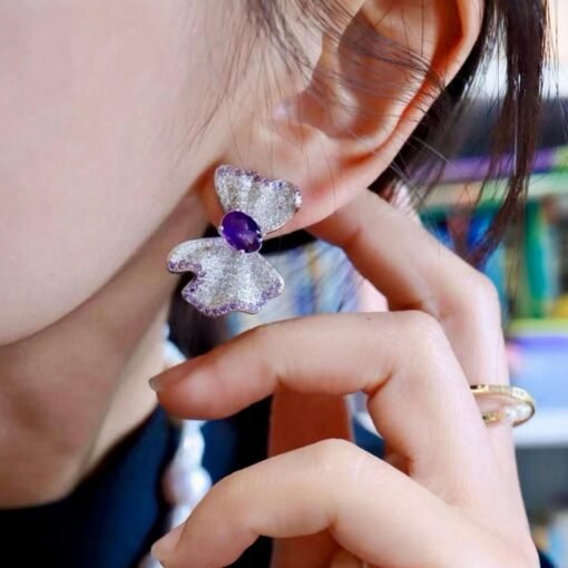 Real amethyst stud earring women/Unique trendy amethyst stud earring silver/Statement art deco amethyst stud|Handmade modern amethyst stud - Image 4