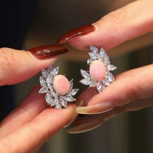Natural Floral Pink Queen Conch Shell Stud earring silver|Art Deco Untreated xOval Pink Gemstone Jewelry|Unique White Zircon Earring Women - Image 7