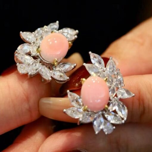 Natural Floral Pink Queen Conch Shell Stud earring silver|Art Deco Untreated xOval Pink Gemstone Jewelry|Unique White Zircon Earring Women - Image 5