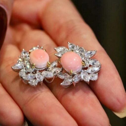 Natural Floral Pink Queen Conch Shell Stud earring silver|Art Deco Untreated xOval Pink Gemstone Jewelry|Unique White Zircon Earring Women - Image 8