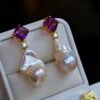 Natural Pearl Drop Earrings With Amethyst Silver|Statement Modern Pearl Drop/Art deco Pearl Drop Women|Unique February Birthstone Gift