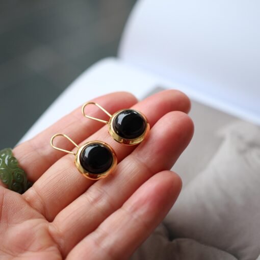 Unique Round Black Agate Stud Earrings silver|Natural Black Agate Earrings Women|Bezel Set Black Agate Jewelry|Modern Real Gemstone Earrings - Image 8