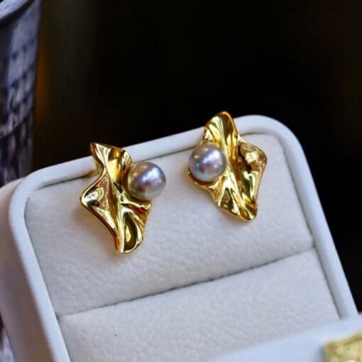 Natural seawater akoya pearl stud earrings silver|Vintage 6mm Pearl Floral Earring gold|Handmade pearl jewelry women|June Birthstone Gift