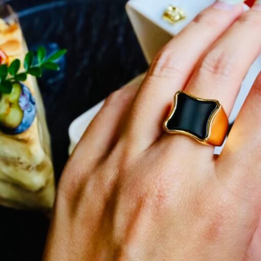 Unique Black Agate With Silver Ring|Vintage Big Black Agate rings Men|Statement Black Gem Jewelry Women/Handmade Squra Black Agate band Gold - Image 4