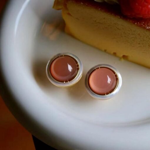 Authentic Round Pink Agate Stud Earring 925 Silver|Unique Modern Pink Gemstone Stud Earrings/Natural Statement Pink Gem Jewelry Women - Image 5