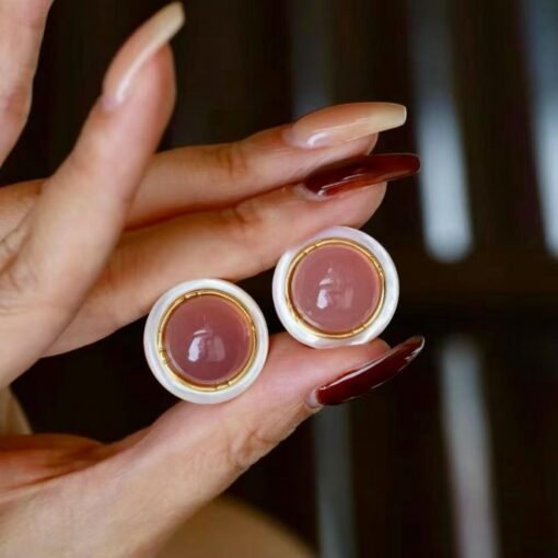 Authentic Round Pink Agate Stud Earring 925 Silver|Unique Modern Pink Gemstone Stud Earrings/Natural Statement Pink Gem Jewelry Women - Image 2