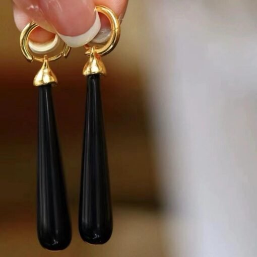 Genuine Long Pear Shape Black Agate Earrings Silver|Unique Black Gemstone Earrings Women|Statement Minimalist Black Agate Earring - Image 3