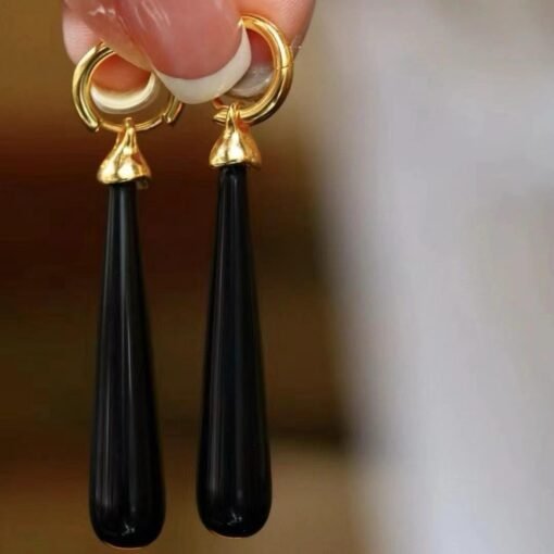 Genuine Long Pear Shape Black Agate Earrings Silver|Unique Black Gemstone Earrings Women|Statement Minimalist Black Agate Earring - Image 6