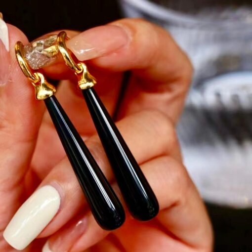 Genuine Long Pear Shape Black Agate Earrings Silver|Unique Black Gemstone Earrings Women|Statement Minimalist Black Agate Earring - Image 5