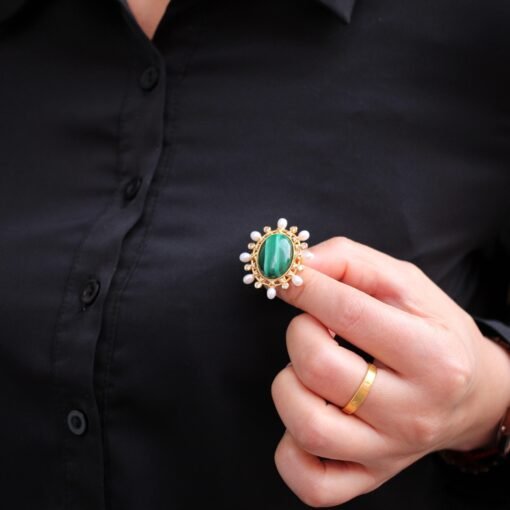 Natural Malachite Pearl brooch pin for women/Vintage Malachite brooch silver|Unique malachite jewelry women|Statement brooch antique - Image 4