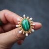 Natural Malachite Pearl brooch pin for women/Vintage Malachite brooch silver|Unique malachite jewelry women|Statement brooch antique