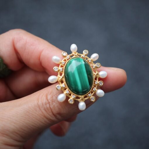Natural Malachite Pearl brooch pin for women/Vintage Malachite brooch silver|Unique malachite jewelry women|Statement brooch antique