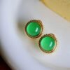 Authentic Cabochon Green Chalcedony Stud Earring 925 Silver|Unique Green Zircon Bezel Studs/Natural Vintage Green Gemstone Jewelry Women