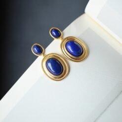 Genuine oval Lapis Lazuli Drop Earring sterling silver|Statement blue lapis lazuli studs goldVintage Gemstone EarringUnique gemstone drop