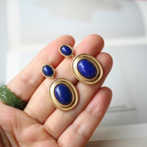 Genuine oval Lapis Lazuli Drop Earring sterling silver|Statement blue lapis lazuli studs goldVintage Gemstone EarringUnique gemstone drop - Image 5