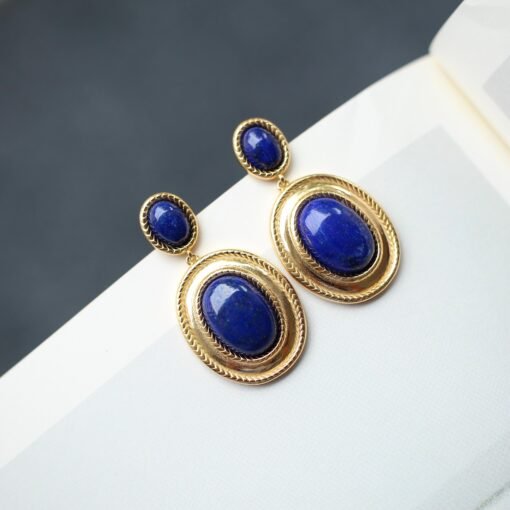 Genuine oval Lapis Lazuli Drop Earring sterling silver|Statement blue lapis lazuli studs goldVintage Gemstone EarringUnique gemstone drop - Image 2