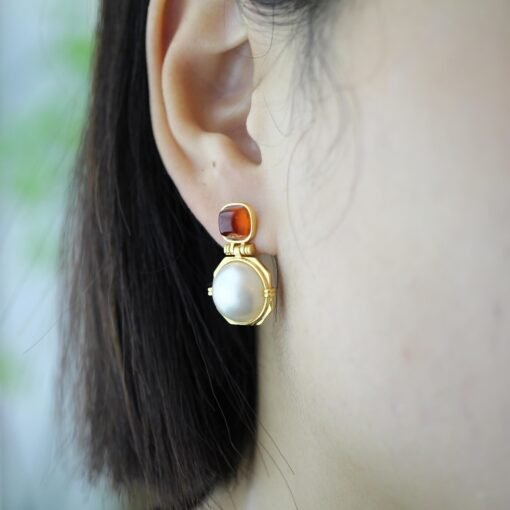 Natural Mabe Pearl Earrings with Garnet s925 Silver|Unique Modern Mabe Pearl Jewelry|Statement Pearl Earrings|Perfect Wedding Earrings - Image 7